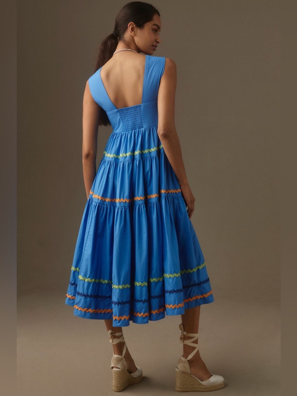 Maeve Anthropologie Blue Tiered Maxi Dress with Multicolor Ric Rac - Picture 2 of 5